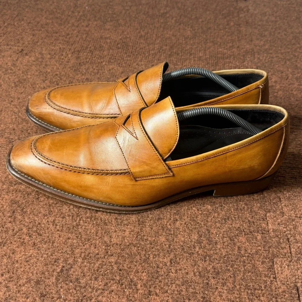 B- Johnston & Murphy Collection Mens Tan Leather Penny Loafers Italy 24-2800 12M